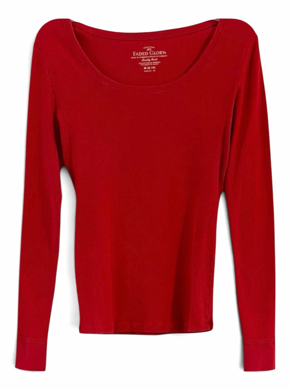 Faded Glory Red Ribbed Scoop Neck Long Sleeve Top Size M 8-10 Breathable Cotton